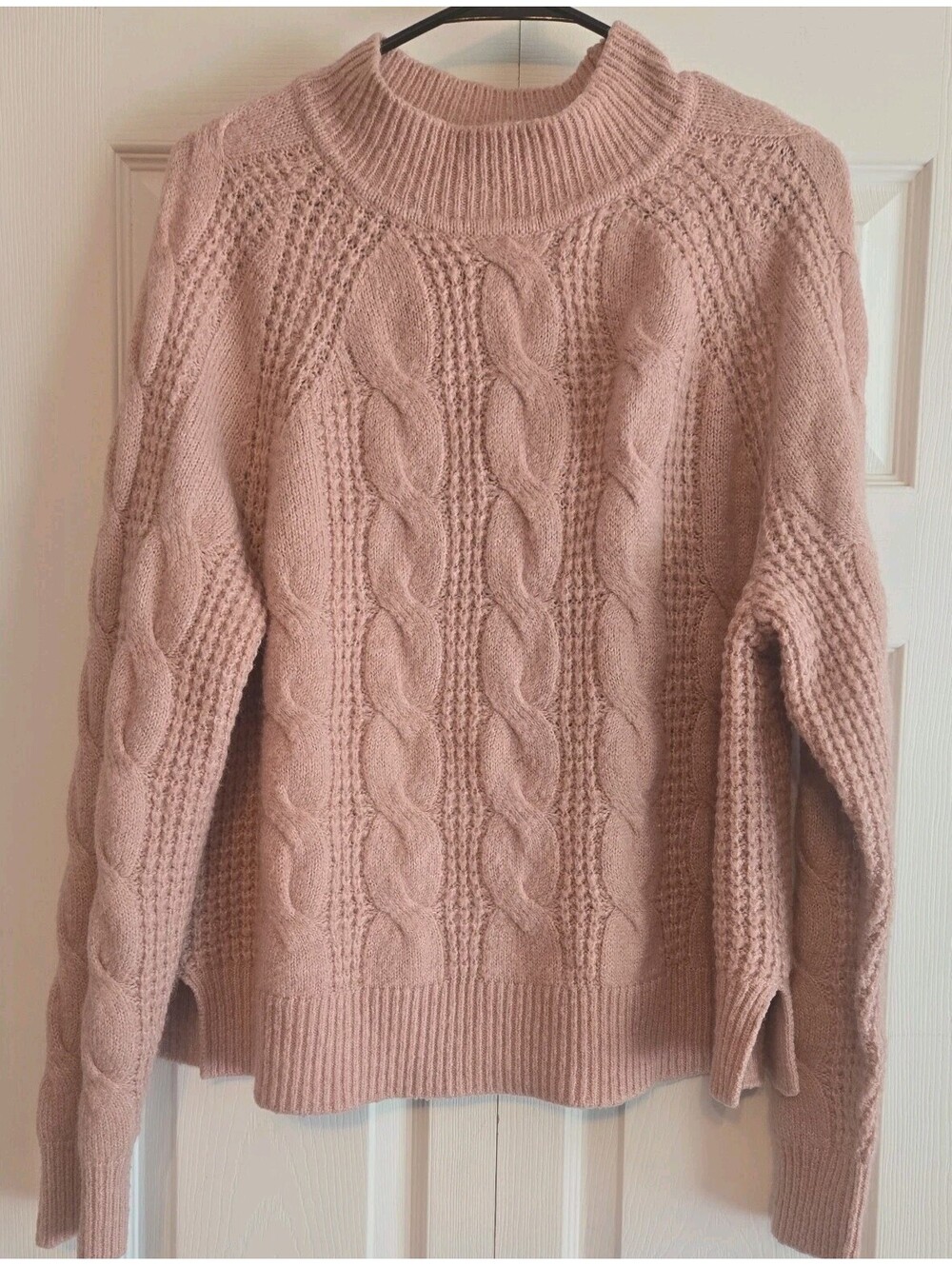 J Crew Cable Knit Sweater Pink Soft Mock Neck Sz L Ae011 Alpaca Wool Blend